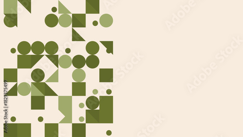 Abstract geometric pattern with overlapping circles and squares in shades of green on a light background