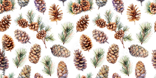 Watercolor fir pine cone on branches seamless pattern Christmas winter illustration for New Year holiday decoration background fabric repeated tile wallpaper or greeting cards design