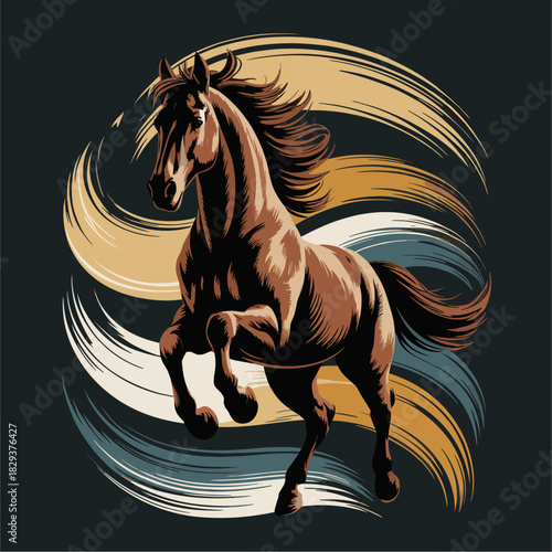 Stylized digital horse illustration in mid-gallop with flowing chestnut and golden mane and tail. Dynamic brushstroke style on black background emphasizes motion, strength, and elegance.