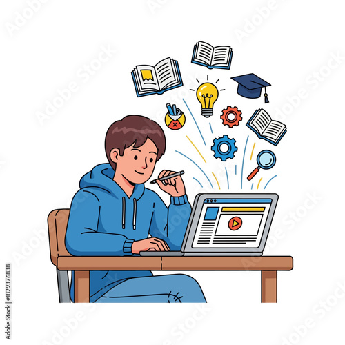 A young student sits comfortably at a desk viewing an online course on a laptop, immersed in floating knowledge symbols in a clean, vibrant 2D flat vector illustration.