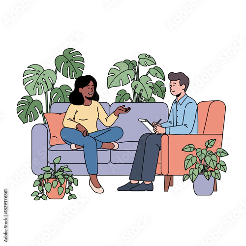 Mental health counseling session featuring a woman sitting comfortably on a sofa talking to a therapist taking notes, rendered as a vibrant 2D flat vector illustration.
