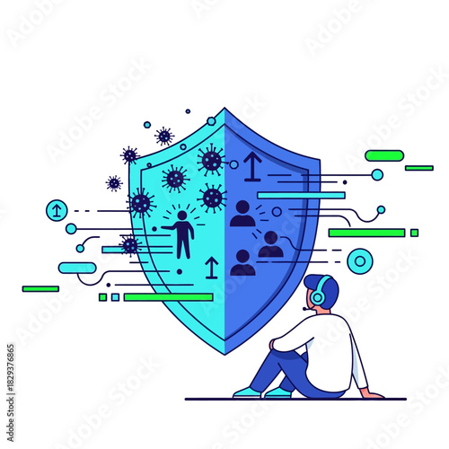 A 2D flat vector illustration depicts a person wearing headphones sitting safely behind a massive shield icon blocking digital threats, symbolizing robust cybersecurity and internet protection.