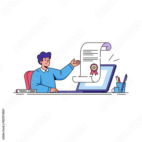A triumphant student celebrates completing an online course by receiving an official academic certification scroll emerging directly from the laptop screen in a vibrant 2D flat vector illustration.