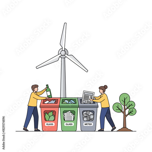 Two people sort materials into recycling bins near a wind turbine and a growing sapling, symbolizing waste management and environmental sustainability in a 2D flat illustration.