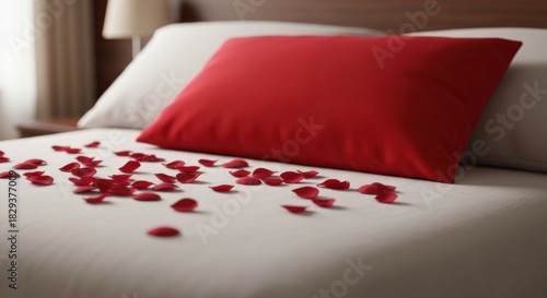 A close-up of a bed with red pillow, scattered rose petals, and a bedside lamp