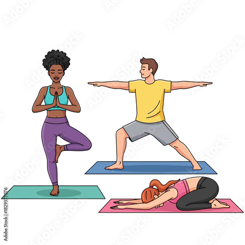 A vibrant 2D flat vector illustration shows a diverse trio performing popular yoga poses, including the warrior, tree, and downward dog, emphasizing balance, relaxation, and mental health awareness.