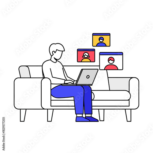 A remote worker conducts a virtual meeting while sitting comfortably on a modern sofa with a laptop, depicted in a clean outline 2D flat vector illustration style.