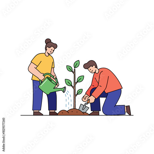 Two characters collaborate to plant a sapling in fertile ground, symbolizing corporate social responsibility and sustainability in this vibrant 2D flat vector illustration.
