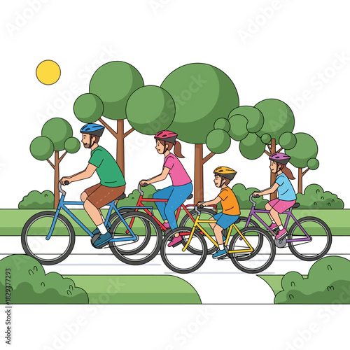 Happy parents and their two children cycle together in a lush green city park wearing safety helmets, captured in a vibrant 2D flat vector illustration.