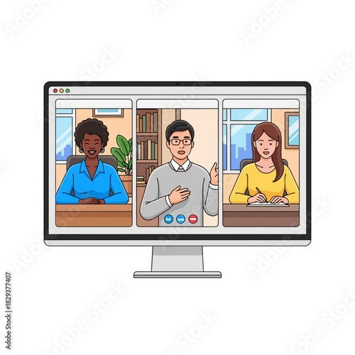A 2D flat vector illustration shows diverse business colleagues engaging in a virtual video conference call on a desktop monitor while working independently from their vibrant home environments.