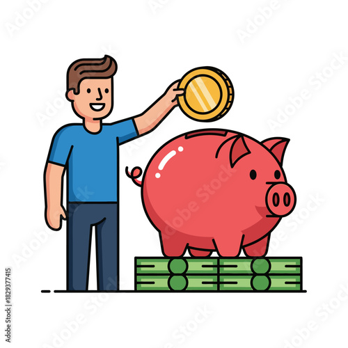 A smiling young man saves money by placing a large coin into an oversized piggy bank resting on a tall stack of cash, captured in a vibrant 2D flat vector illustration with clean outlines.