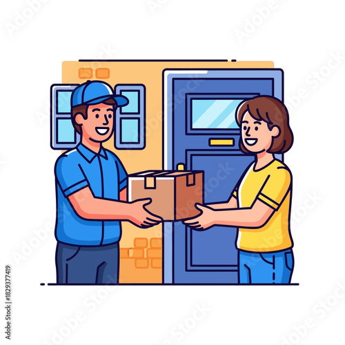 A cheerful courier hands a package to a customer at the front door of a suburban home, illustrating reliable shipping services in this vibrant 2D flat vector graphic.