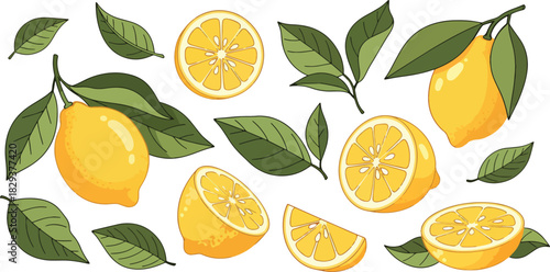vector illustrations of lemons and leaves for banners, cards, flyers, social media wallpapers