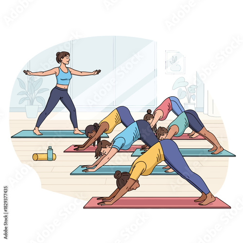 A vibrant flat 2D vector illustration features a diverse group performing downward dog during a tranquil indoor yoga class guided by an instructor, focusing on wellness and mindful movement.