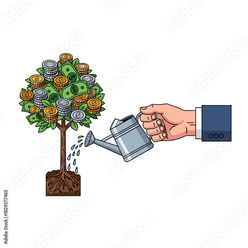 A large hand uses a tiny watering can to nurture a coin-stacked money tree, visualizing financial growth and smart investment strategy in vibrant 2D flat vector style.