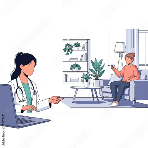 2D flat vector illustration shows a female patient at home holding a thermometer and receiving a remote medical consultation from a doctor visible on a laptop screen.