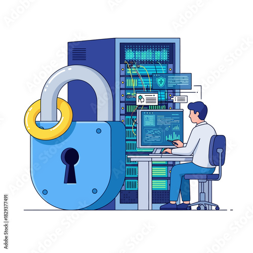 A large padlock secures a glowing server rack while a cyber security analyst monitors the protected digital information in this vibrant 2D flat vector illustration.