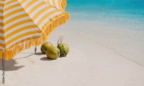 Beach umbrella shades three coconuts on white sand