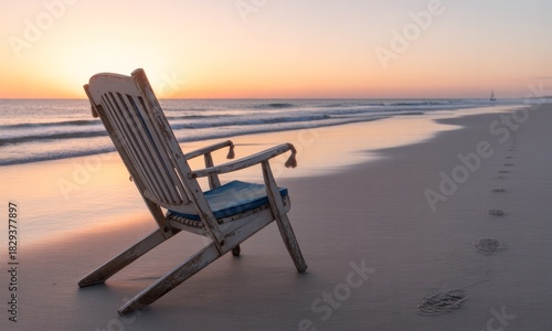 Beach chair at sunset, tranquil scene