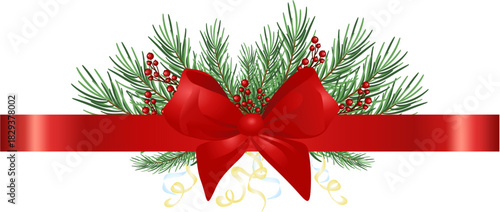 Red ribbon, red bow, design element decorated with pine branches, red berries, and ribbons, vector. EPS