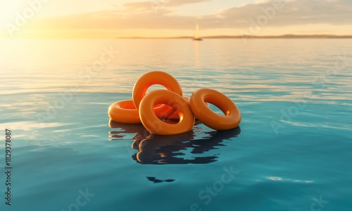 Bright orange flotation rings float in calm water at sunset with a sailboat in the distance