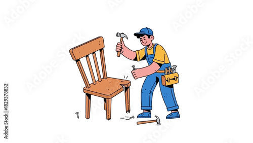 Carpenter Fixing a Broken Chair with Hammer and Nails Illustration