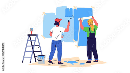 Two individuals painting a wall with rollers and a ladder, symbolizing home renovation