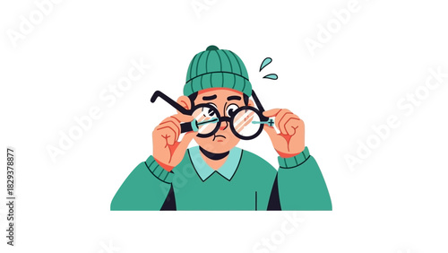 A person wearing glasses and a hat adjusts their spectacles, looking confused and slightly worried