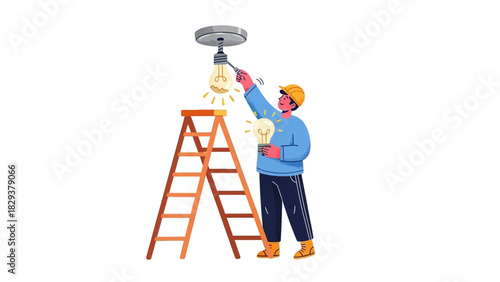 Professional electrician character on a stepladder installing a new lightbulb into a ceiling fixture for home maintenance