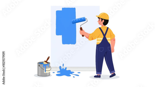 Painter worker painting wall with blue paint using roller with paint bucket vector
