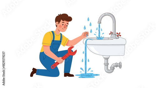 Plumber Fixing a Leaky Sink A Cartoon Illustration of Home Maintenance and Repair