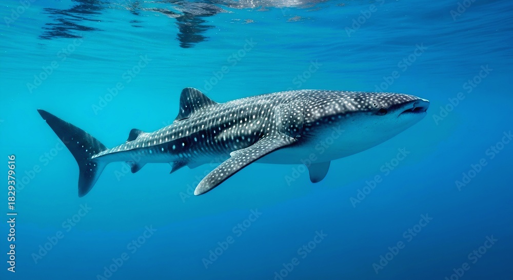 Obraz premium Graceful Whale Shark Glides Through Azure Waters, Reflected Sunl