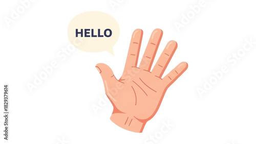 Vibrant vector illustration of a friendly human hand waving hello with a speech bubble, conveying warm welcome and positive social communication icon
