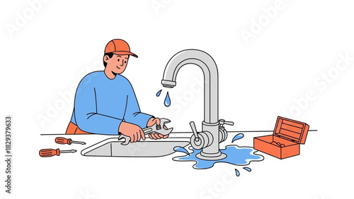 Professional Plumber Fixing Water Leak at Sink with Tools Repair and Maintenance Concept Illustration