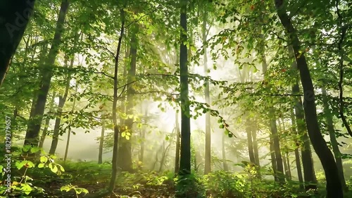 Sunlight Filtering Through Green Trees in a Lush Forest Landscape Scene