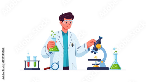 Scientist Conducting Research in a Laboratory with Microscope and Flasks