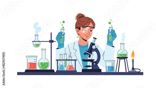 Female Scientist Conducting Experiments in a Laboratory Illustration