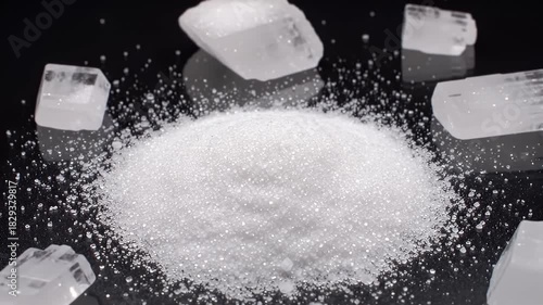 White Granular Powder Heap with Crystalline Pieces on Reflective Black Surface