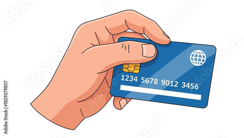 Clear illustration of a hand holding a blue credit card, symbolizing modern financial transactions, secure digital payments, and convenient cashless shopping solutions