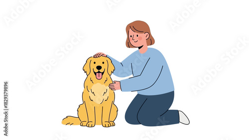 Person petting golden retriever dog in cartoon illustration style on white background