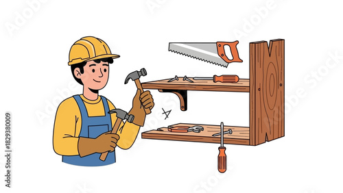 Construction worker using tools to build something with shelves and a variety of equipment