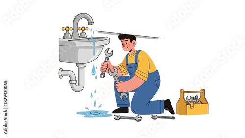Skilled plumber repairs leaking sink with tools, illustration of home maintenance service
