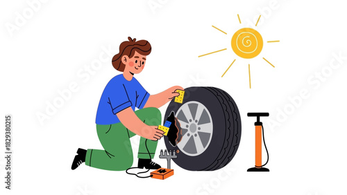 A woman repairs a flat car tire with an electric pump on a sunny day, a vector illustration of vehicle maintenance and roadside help