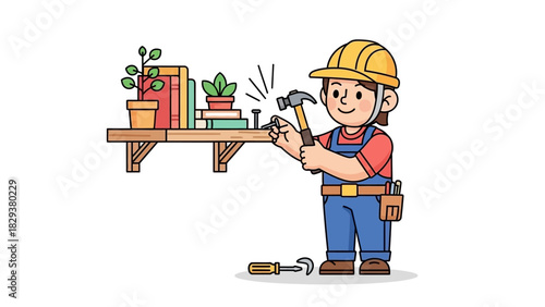 A handy person in a hard hat uses a hammer to secure a nail on a wall shelf with books and plants