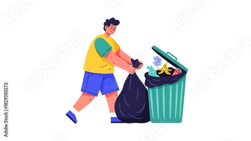 Vector illustration of a young man throwing a garbage bag into an overflowing trash can for waste management and recycling concepts