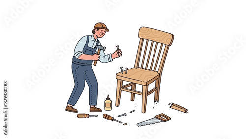 Skilled craftsman meticulously repairs a wooden chair with tools, showcasing carpentry skills