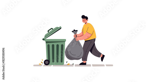 Person throwing garbage in trash bin on street, waste management, eco friendly, illustration