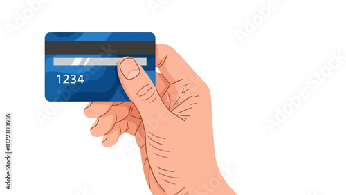 Hand Holding a Blue Credit Card with White Stripe and Numbers on White Background