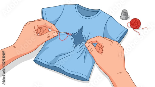 Repairing a Torn T-Shirt with Needle and Thread in a Close-Up Illustration