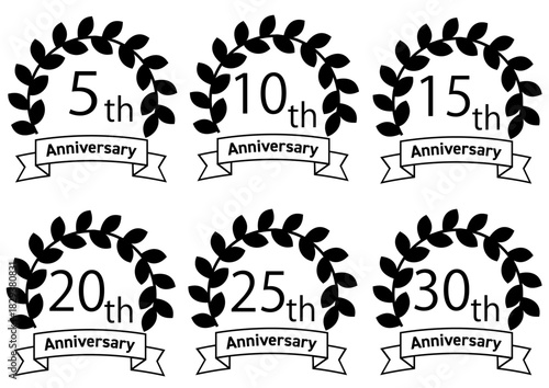月桂樹とリボンの5~30周年　アニバーサリー　セットイラスト素材